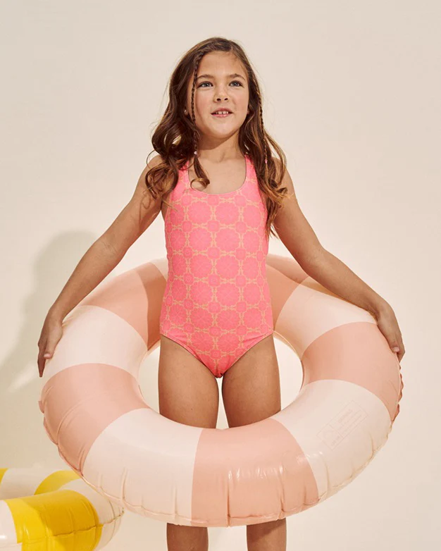 Bañador Niña Cruzado Retro Naranja y Fucsia - Dadati